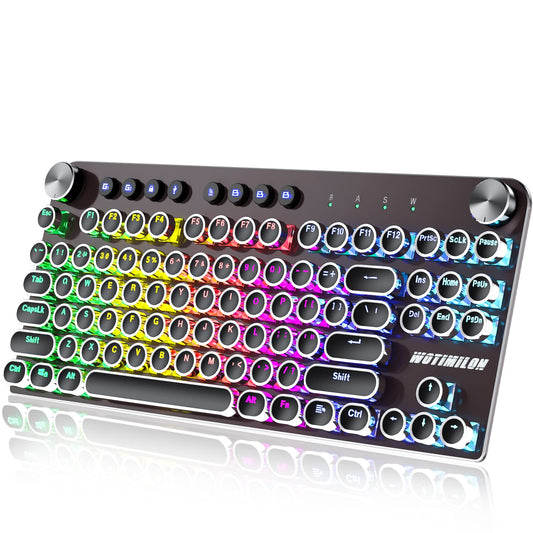 WOTIMILON Wireless Typewriter Keyboard Mechanical TKL  2.4G/BT5.0/Wired WM87 Retro Vintage Gaming Keyboard Typewriter Style with Punk Round Keycaps True RGB Backlit  2 Control Knobs  Clicky Switch
