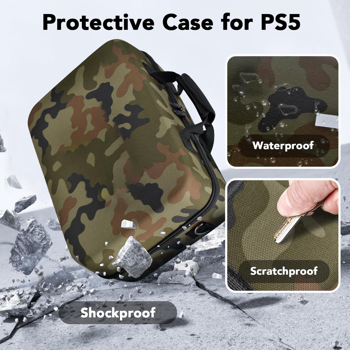 MOCADIA Hard Shell Travel Case for PS5 - Camouflage, Portable Carrying Bag for Console, Controllers & Accessories