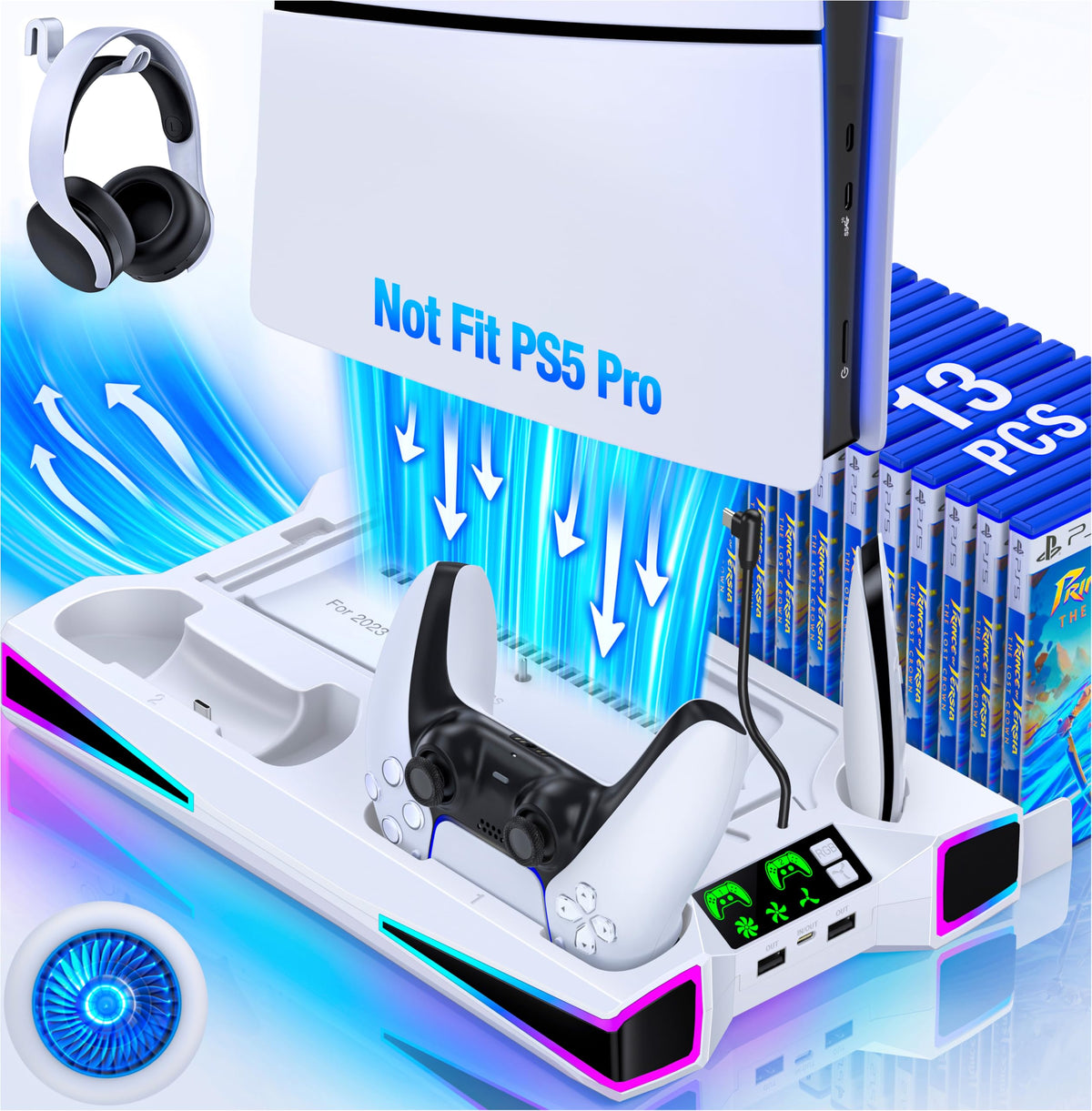 PS5 Stand  PS5/PS5 Slim Cooling Station with 3-Level Cooling Fan  Controller Charger Station for PS5 Accessories  Light  Headset Holder  3 Charger Ports for PlayStation 5 Slim Console