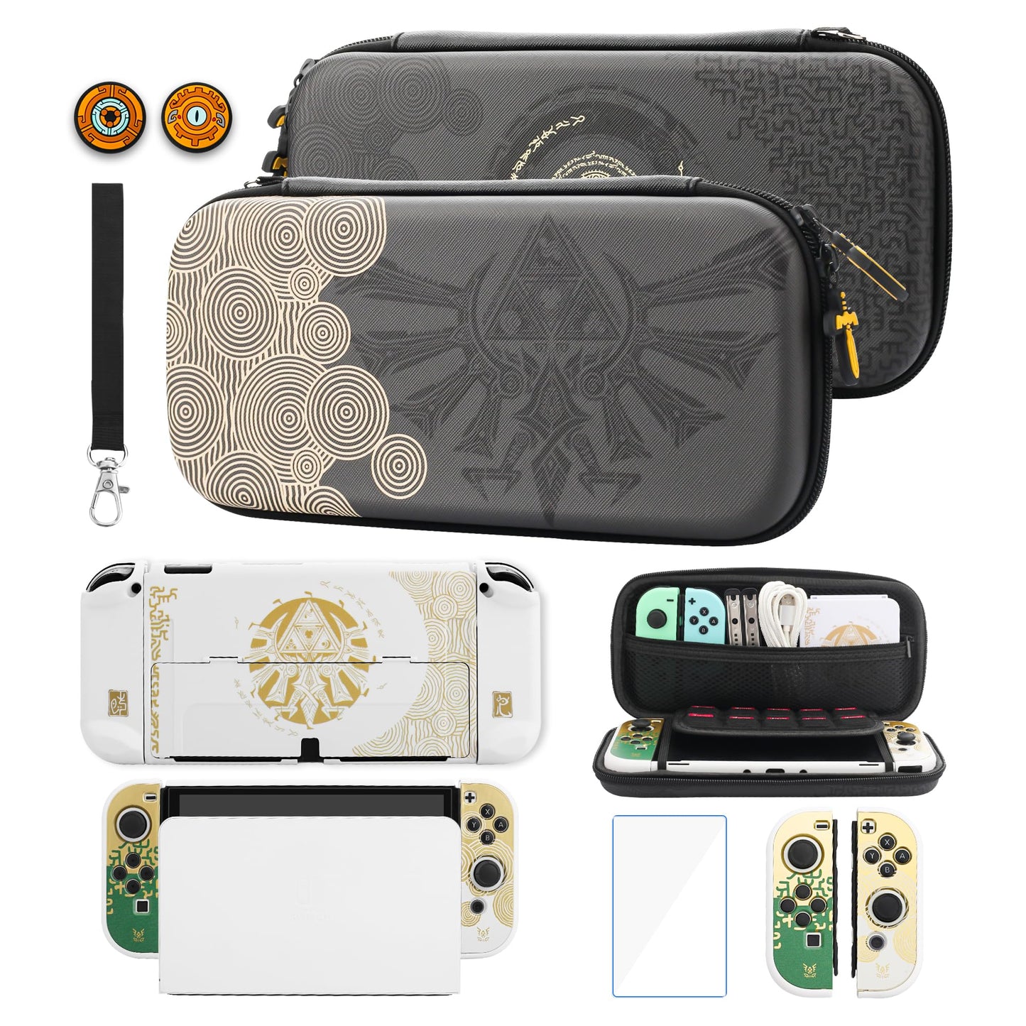 GLDRAM Black Switch Carrying Case for Zelda  Portable Accessories Kit Compatible for Nintendo Switch OLED with Tpartyl Case Protector  White Dockable Switch OLED Skin Cover  Hand Strap & 2 Thumb Caps