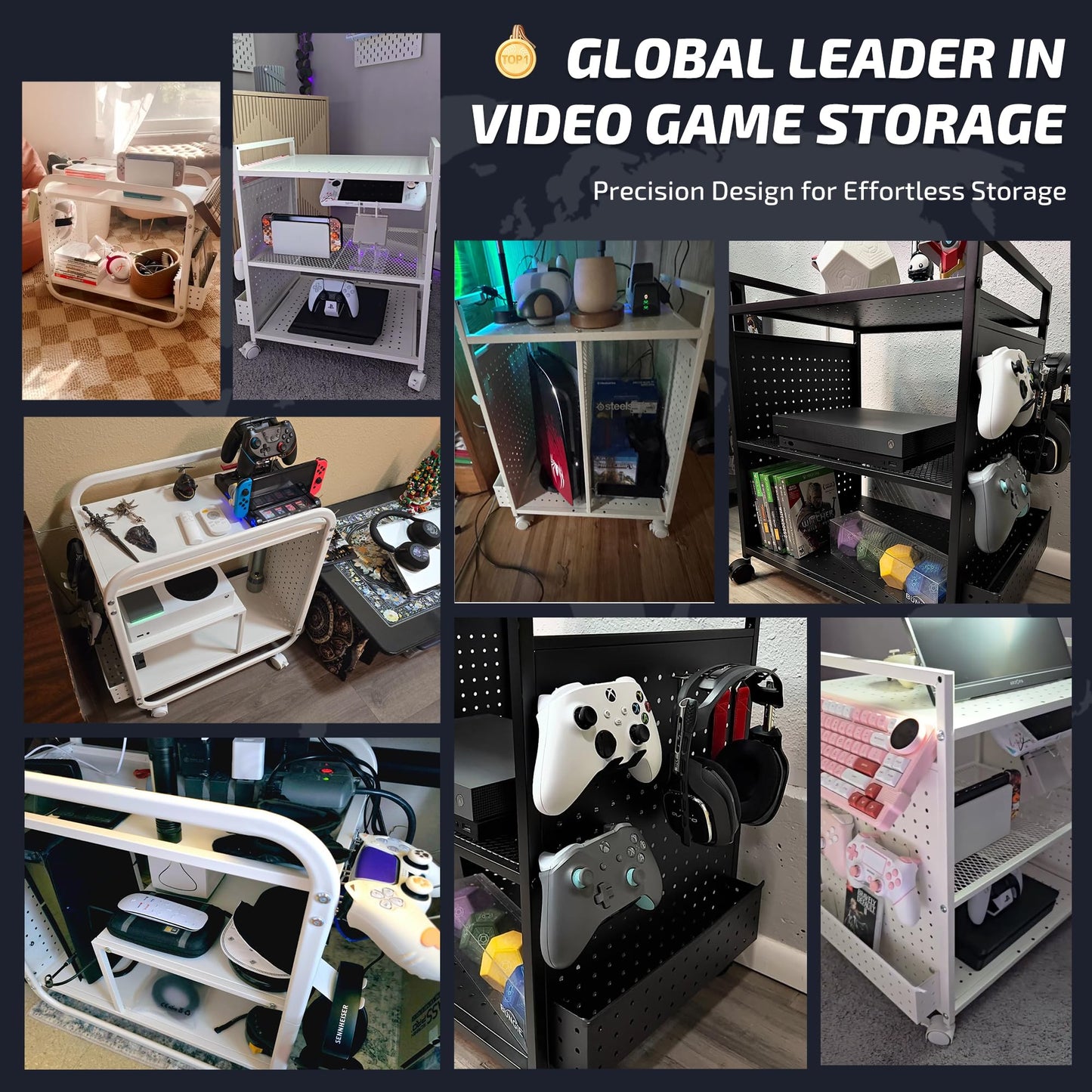 PLKOW Video Game Organizer, Rolling Rack for Xbox/PS4/PS5, 26"H x 23.6"L x 12.6"W, Black, Model P548, Ideal