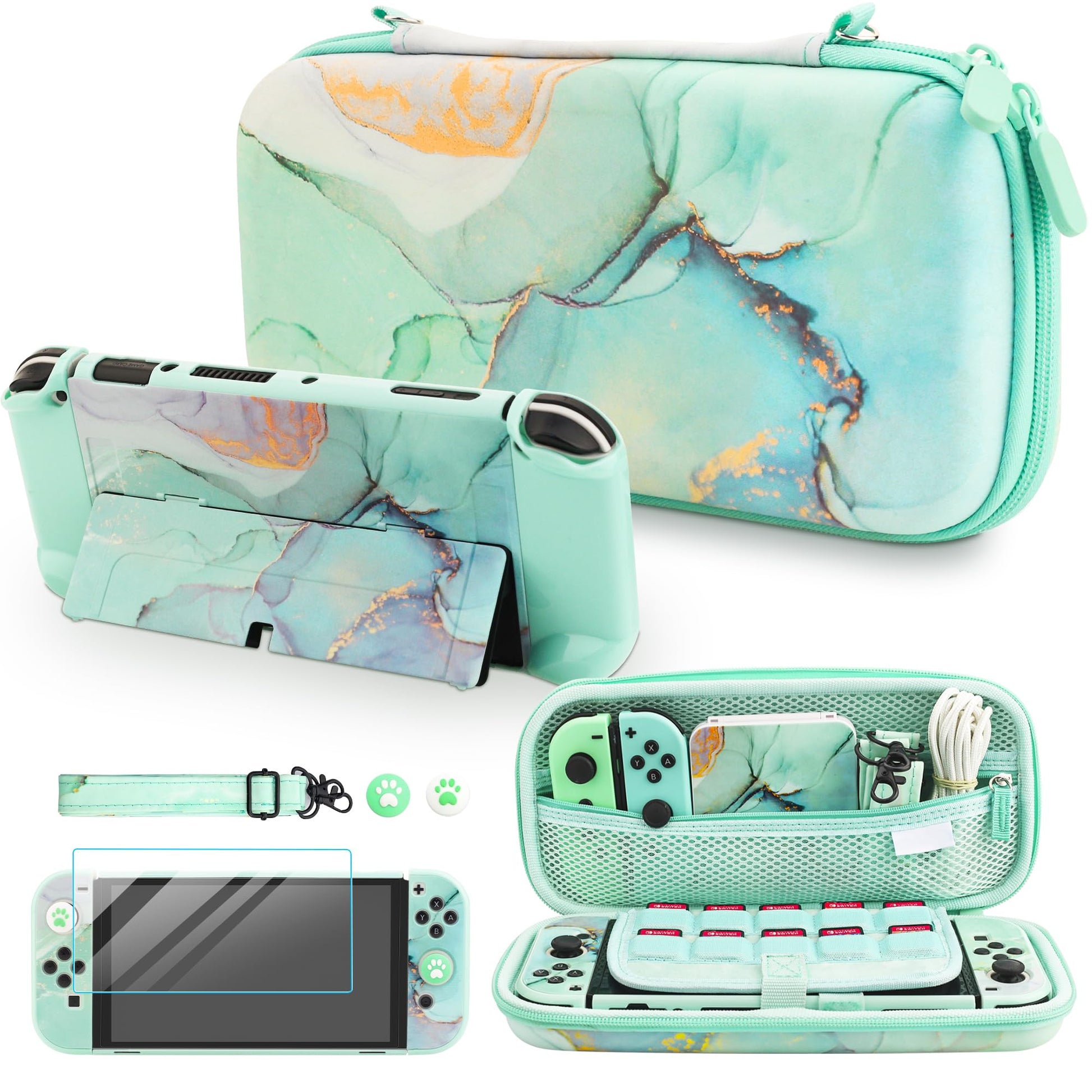 FUNDIARY Carrying Case for Nintendo Switch OLED  Shockproof Hard Shell Portable Travel Bag for Accessories Kit with PC Protective Cover  Screen Protector  Shoulder Strap & 2 Thumb Grips  Green Marble