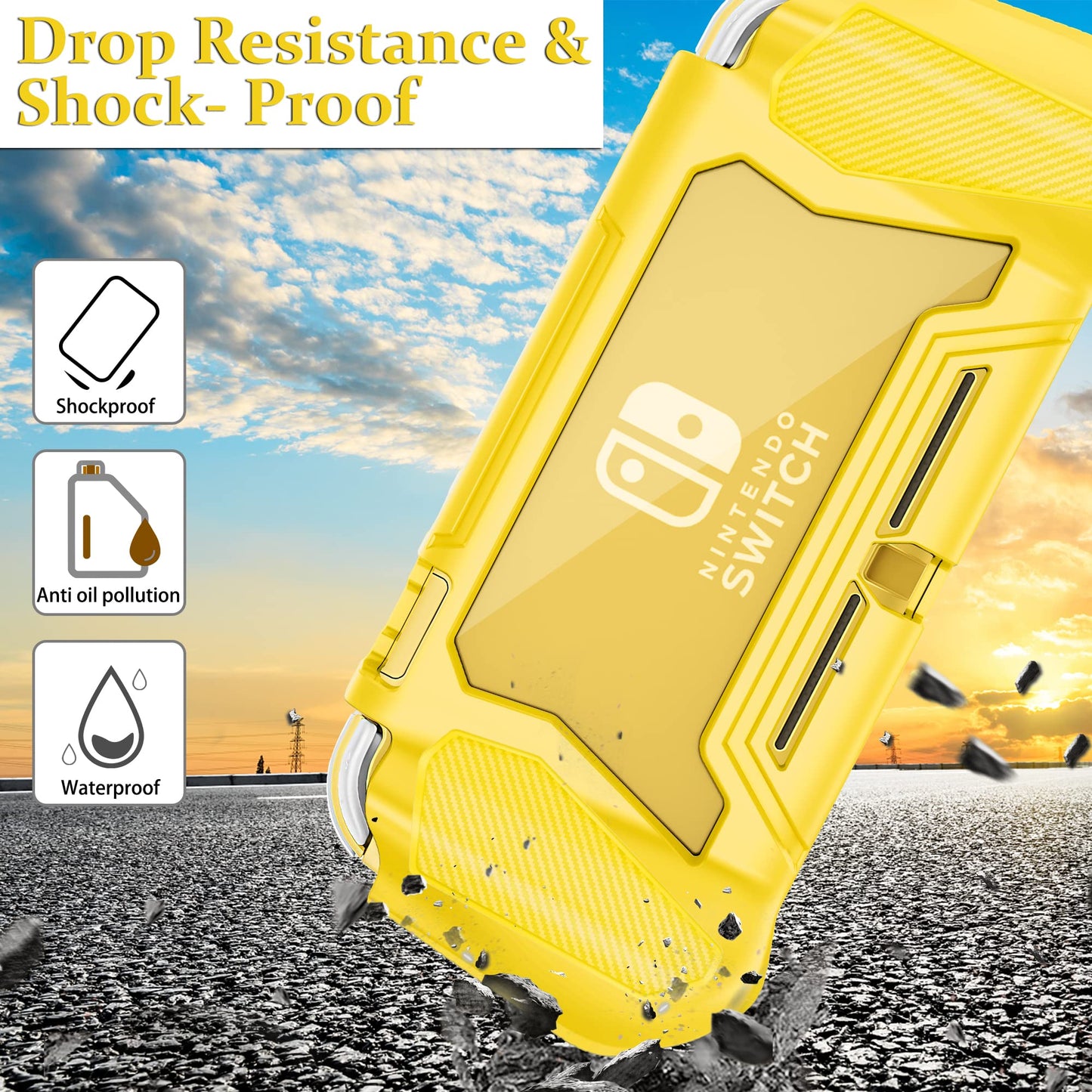 Kailfee Switch Lite Case - Yellow Protective Case with Hand Grip, TPU & PC Screen Protector, Includes 2 Thumb Grip Caps
