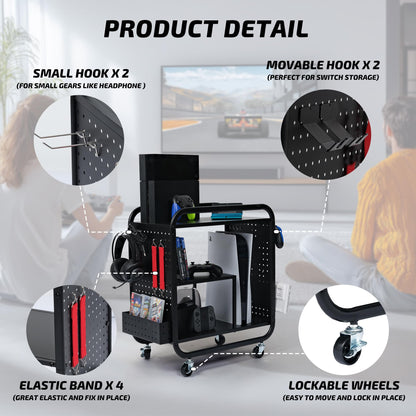 PLKOW Video Game Organizer, Rolling Rack for Xbox/PS4/PS5, 26"H x 23.6"L x 12.6"W, Black, Model P548, Ideal