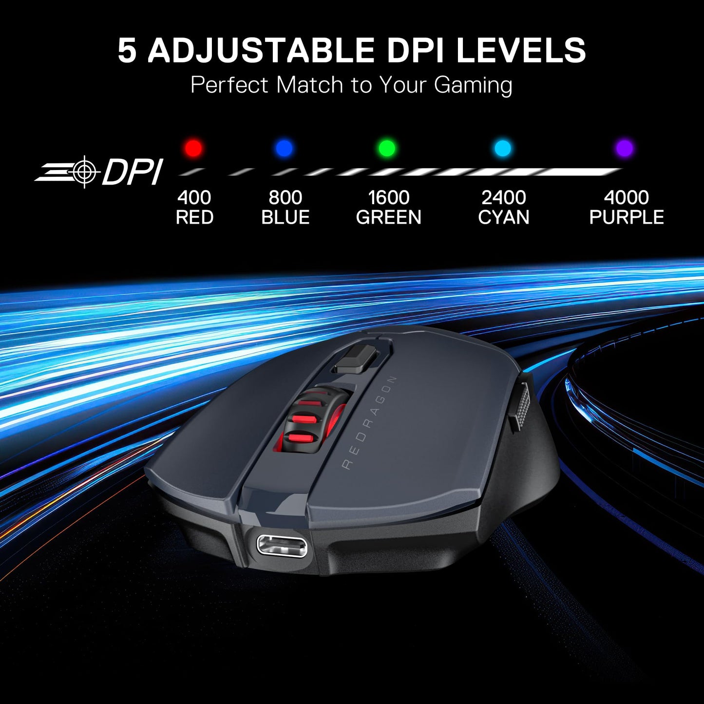 Redragon M995 LIT Wireless Gaming Mouse - 10000 DPI, Rechargeable, 6 Macro Buttons, Ultra Lightweight, Gray & Black