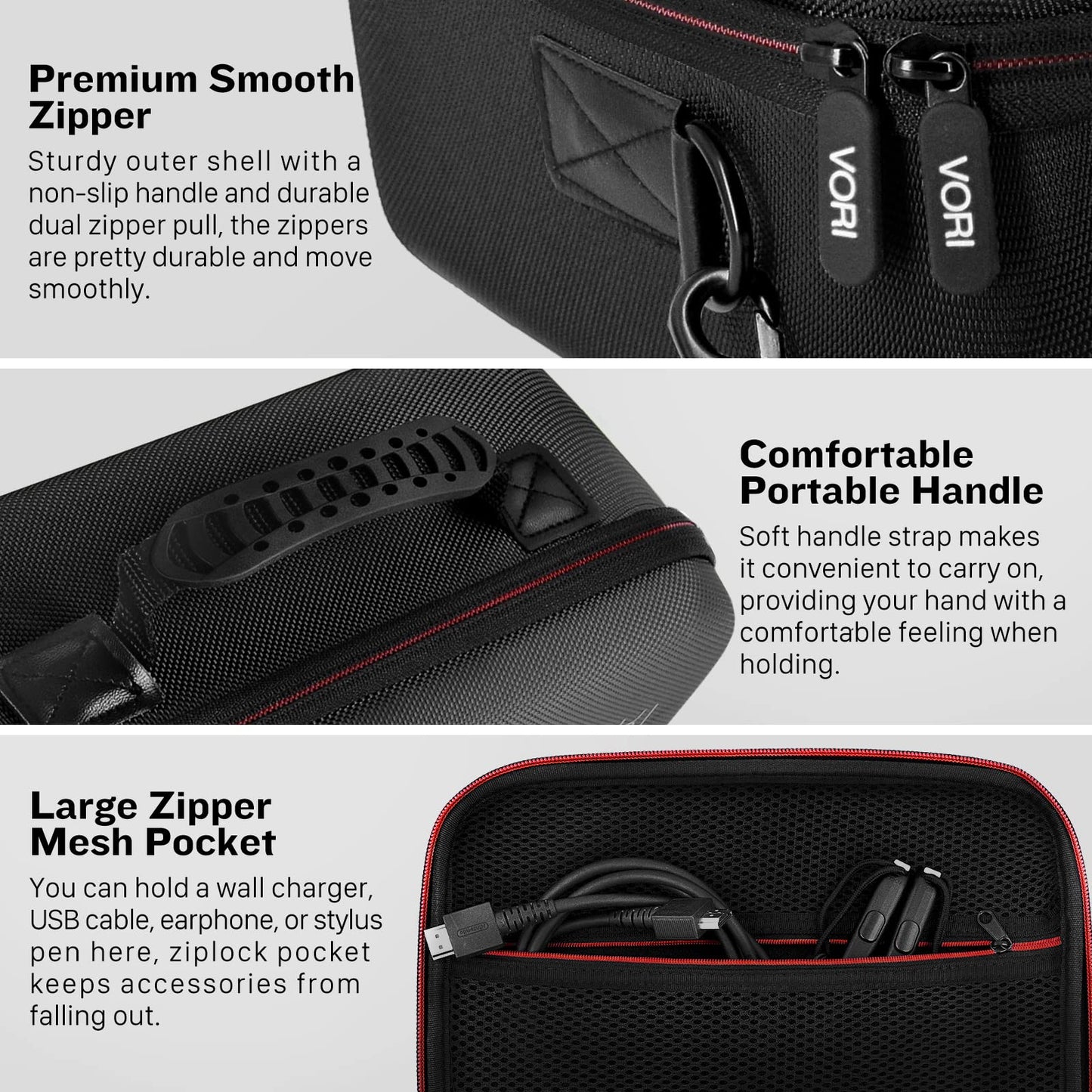 VORI Hard Carrying Case for Nintendo Switch/OLED - Protective Storage with Handle & Strap, Black