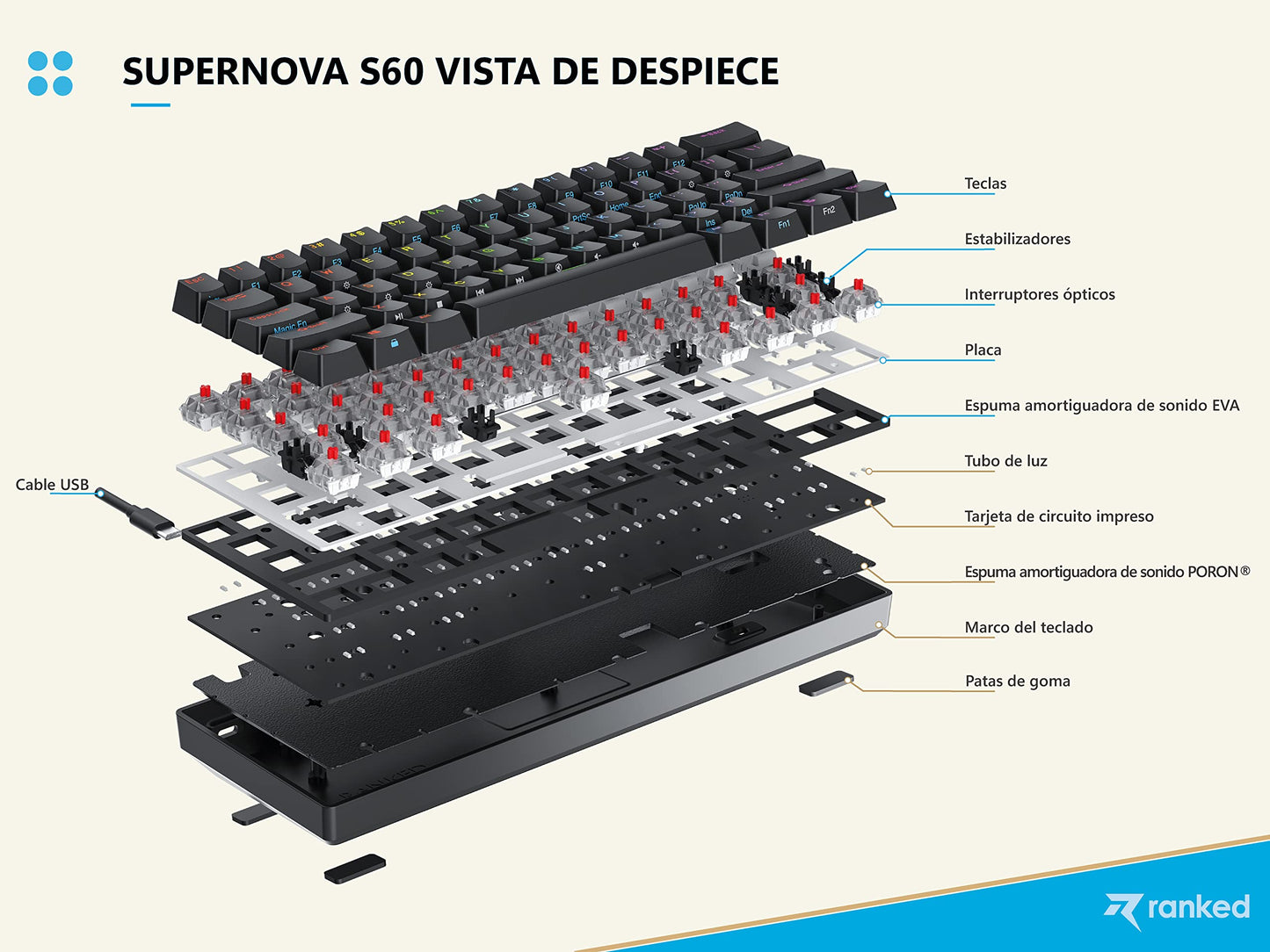Ranked Supernova 60% Mechanical Gaming Keyboard - Hot Swappable, 62 Keys, RGB LED, ISO ES Spanish Layout, White, Gateron Optical Brown