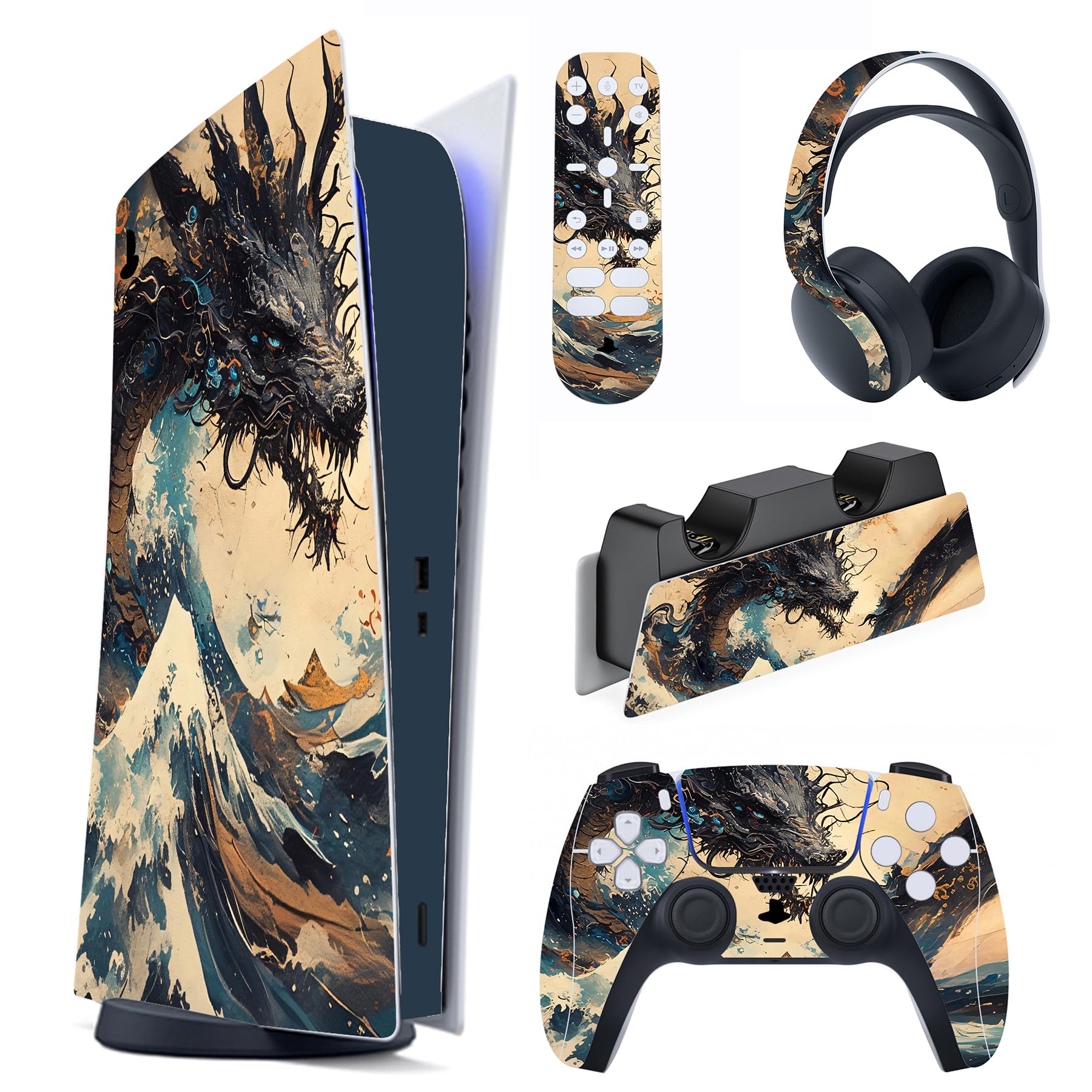 PlayVital Full Set Skin Decal for ps5 Console Digital Edition  Sticker Vinyl Decal Cover for ps5 Controller & Charging Station & Headset & Media Remote - Tempest Dragon