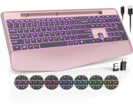 Wireless Keyboard with 7 Colored Backlits Wrist Rest  Phone Holder  Rechargeable Ergonomic Computer Keyboard with Silent Key  Full Size Lighted Keyboard for Windows  Mac  PC  Laptop (Rose gold)