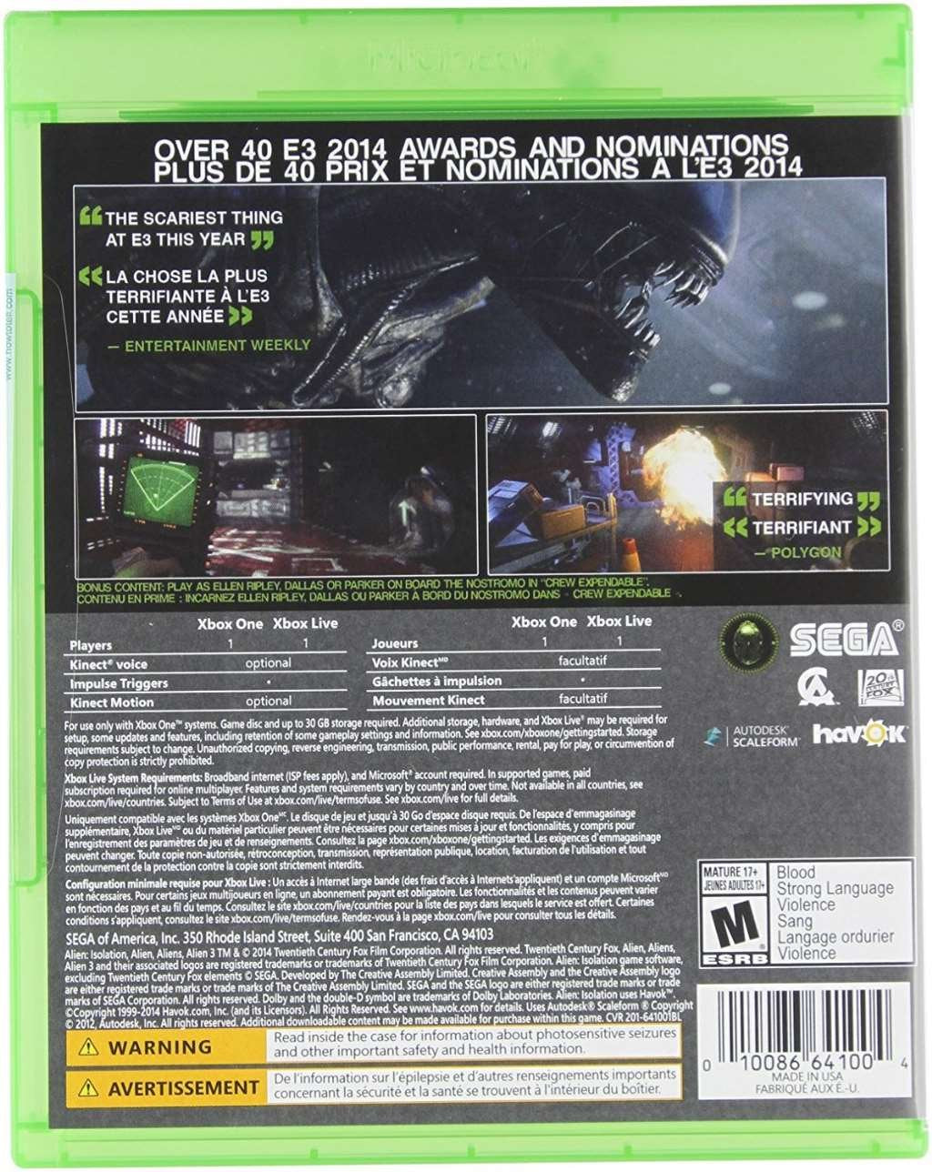 SEGA Alien: Isolation - Xbox One Game, Model 64100, Thrilling Survival Horror Experience