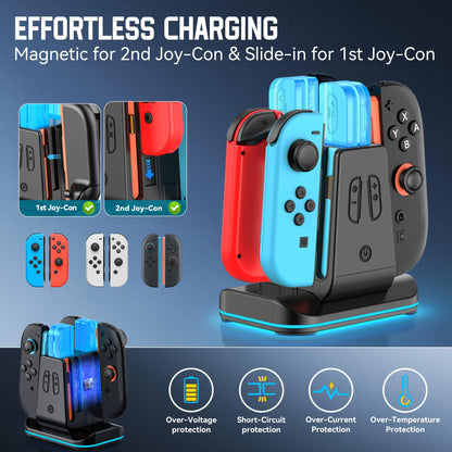 Rysker Switch 2-in-1 Controller Charger Dock, Fast Charging Station with 9 RGB Modes for Nintendo Switch/OLED/Original Joycons, Black