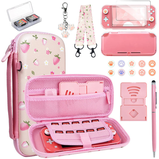 FIWWAT Switch Lite Case Carrying Case- 19 in 1 for Nintendo Switch Accessories Bundle with Switch Thumb Grips  Clear Protective  Screen Protector Cover  Cute Pendant  Stand  Stylus  for Girls  Pink