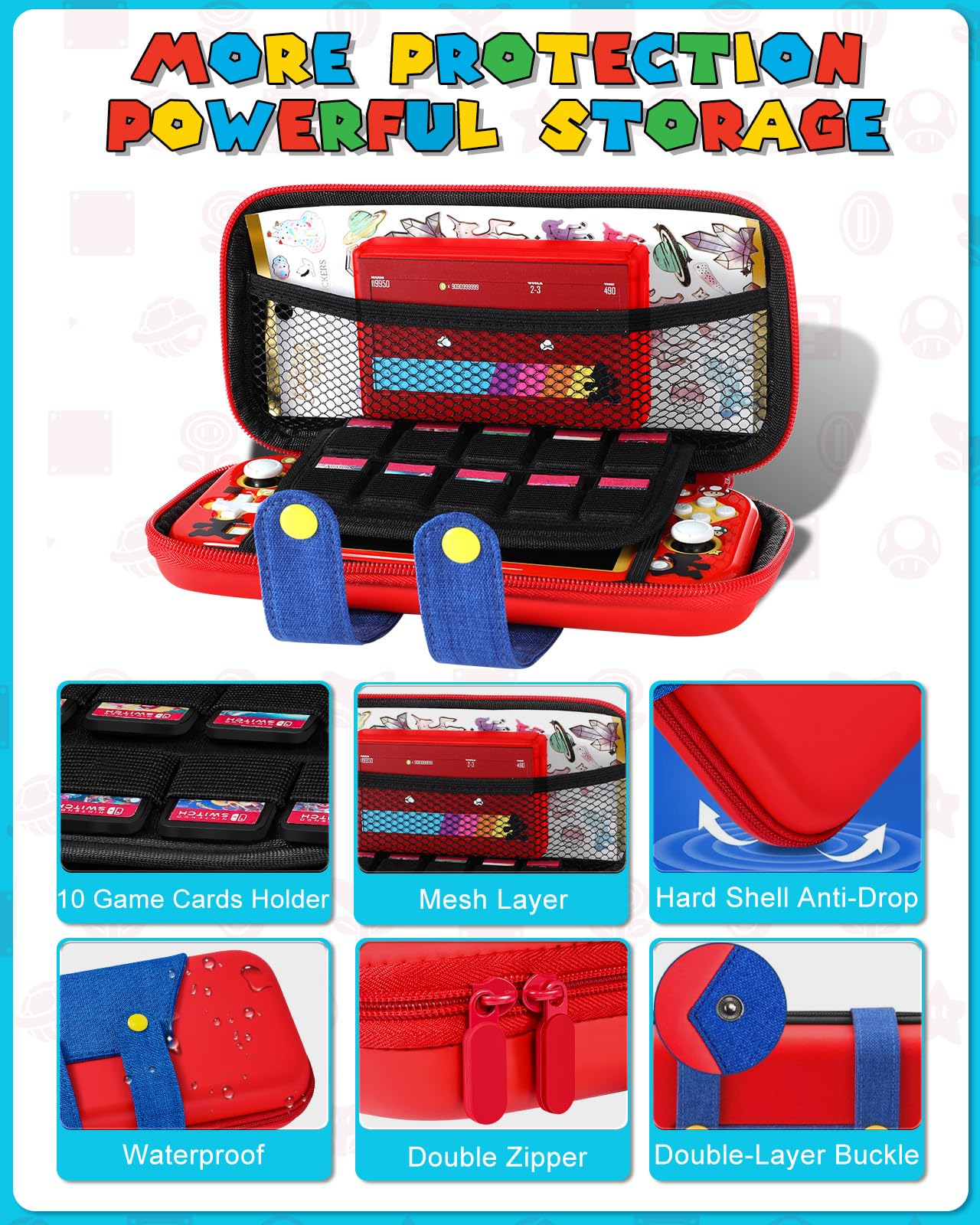 Gurgitat 6in1 Maro Switch Lite Case for Nintendo Switch Lite - Durable Hard Cover, Red Blue Maro, Includes Thumb Grips & Game Holder