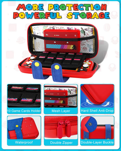 Gurgitat 6in1 Maro Switch Lite Case for Nintendo Switch Lite - Durable Hard Cover, Red Blue Maro, Includes Thumb Grips & Game Holder