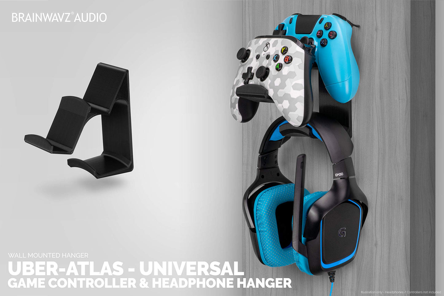 BRAINWAVZ UberAtlas Dual Game Controller & Headphone Wall Mount Holder - Black, 2 Pack for Xbox, PS5, Switch, No Screws