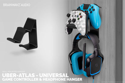 BRAINWAVZ UberAtlas Dual Game Controller & Headphone Wall Mount Holder - Black, 2 Pack for Xbox, PS5, Switch, No Screws