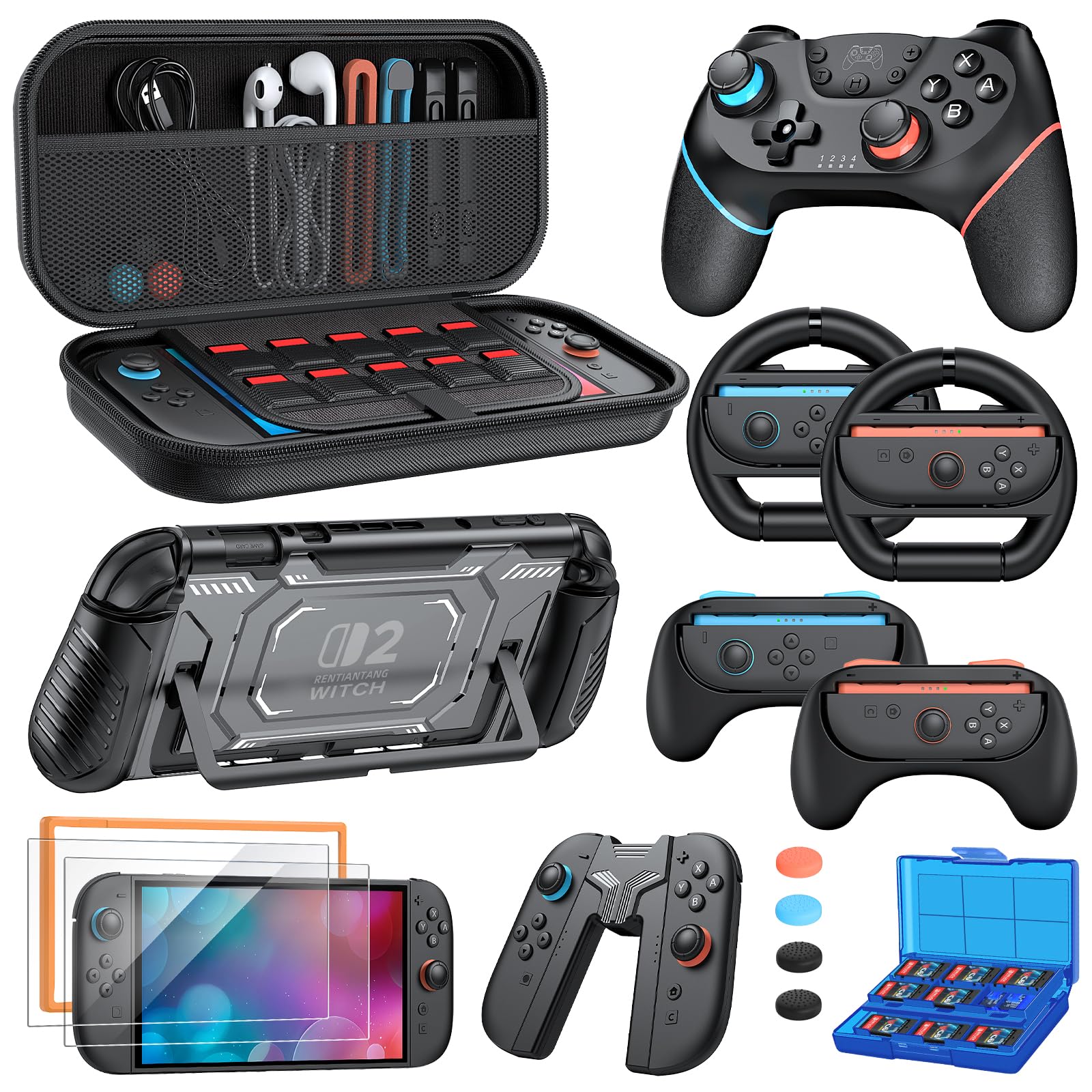 Switch 2 Controller Accessories Bundle for Nintendo  17-in-1 Kit: Carrying Case  Wireless Controller  Steering Wheels  Grips for JoyCon  Protective Cover for Nintendo Switch 2 Console with Ergo Grips