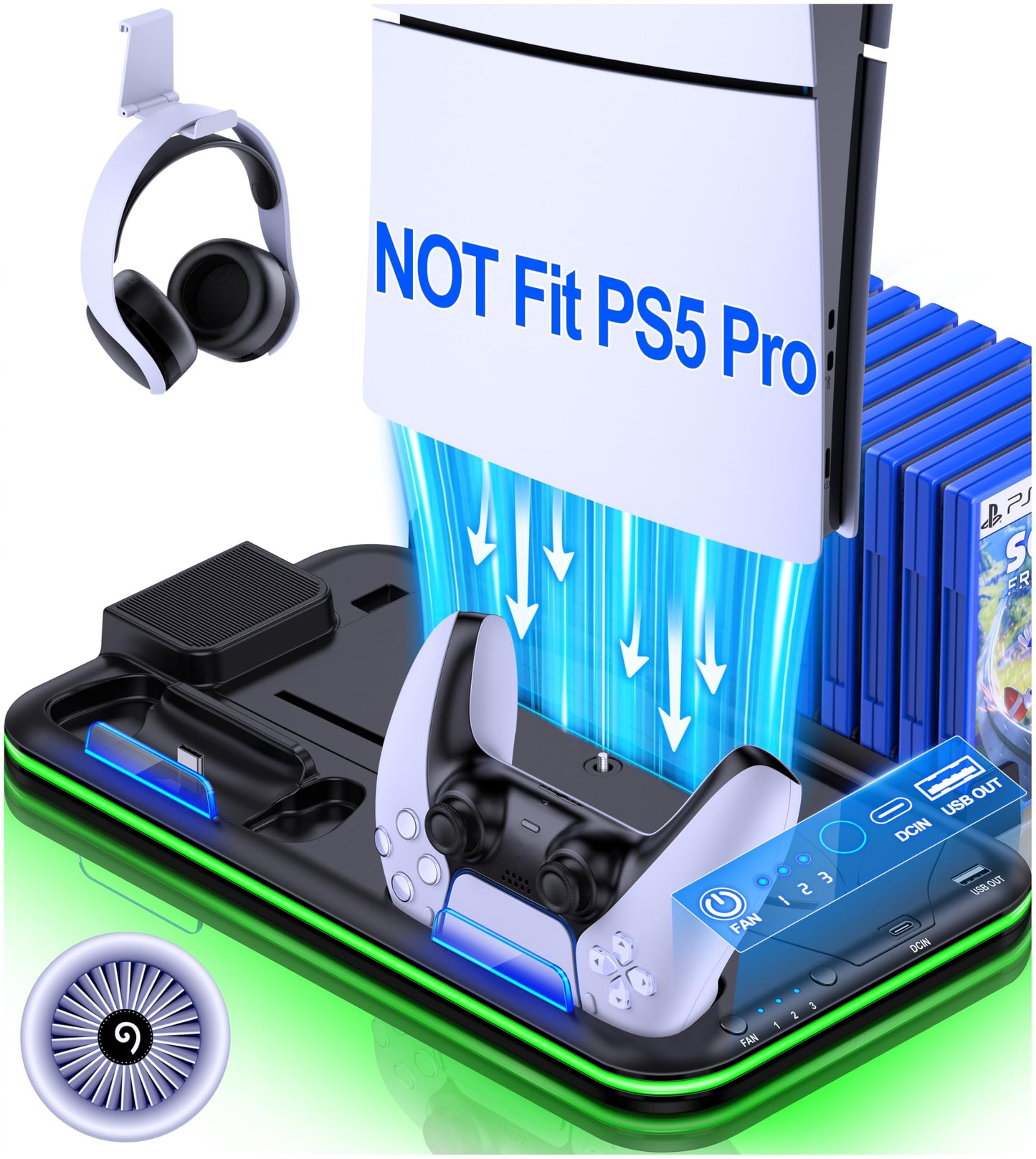 EXTREMECOOL PS5 Slim Stand & Turbo Cooling Station with RGB Light, 3 Levels Fan, Game Storage & Headset Holder, Fit PS5 Slim/Black