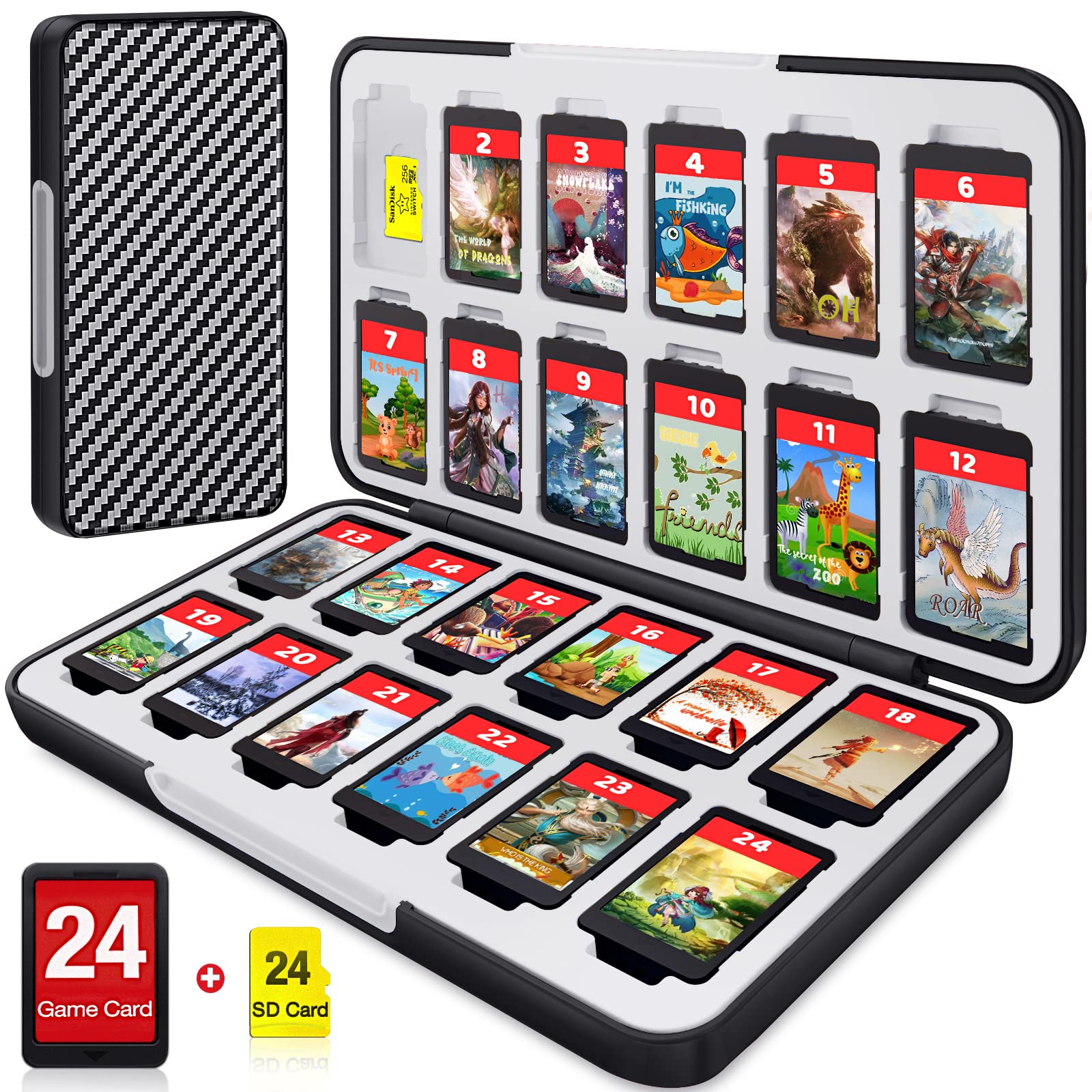 cYKOprotective gear Switch game case for Nintendo Switch game card with 24 Switch game Holder Storage and 24 Micro SD refill unit sections  Slim Switch game Organizer Include Hard Shell and Soft Rubber-grey Black