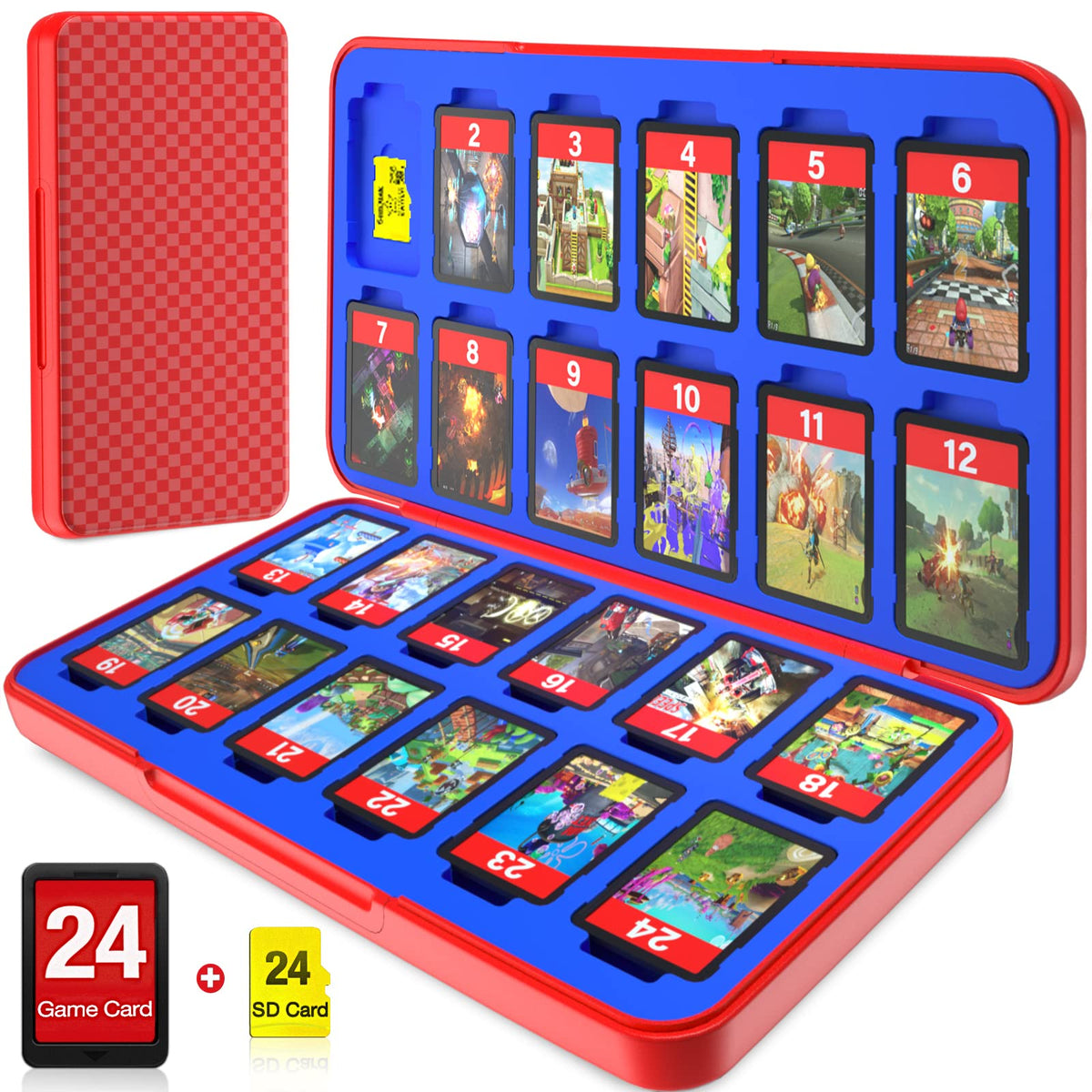 CYKOprotective gear Game Card Case Holder for Nitendo Switch/Switch 2(2025) - Hard Shell refill unit Case with 24 Game sections & 24 Micro SD Card sections  Portable Protective Organizer Tpartyler  Plaid Red Blue