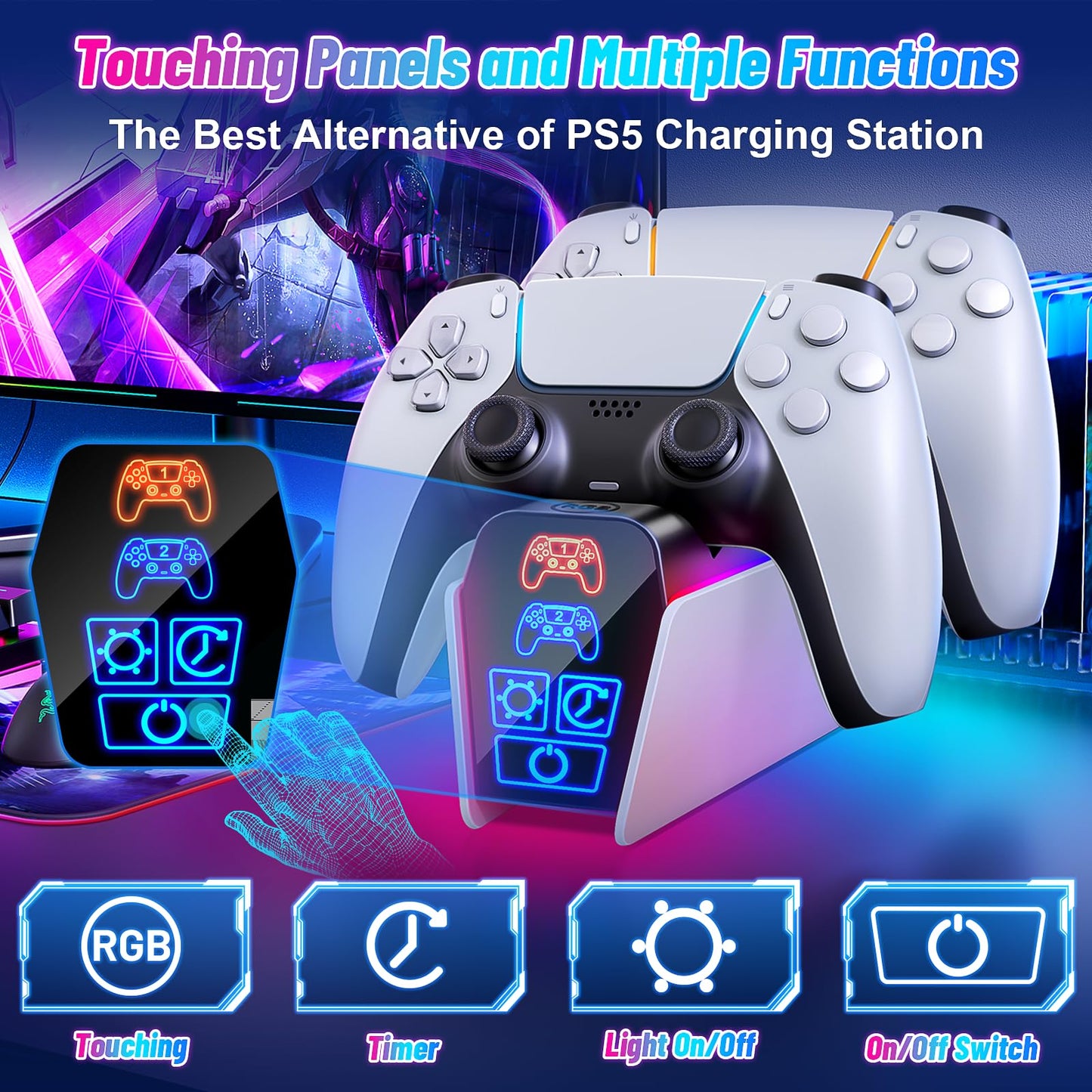 Fenolical PS5 Controller Charger Station for Dualsense & Edge - White, Small, Model HW-P9001, with Timer Function for PlayStation 5