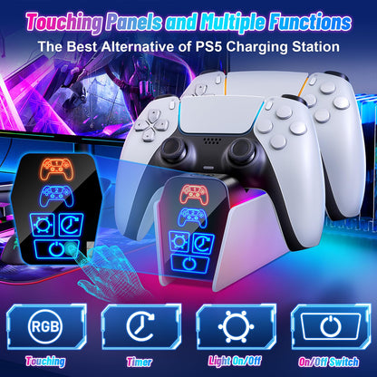 Fenolical PS5 Controller Charger Station for Dualsense & Edge - White, Small, Model HW-P9001, with Timer Function for PlayStation 5