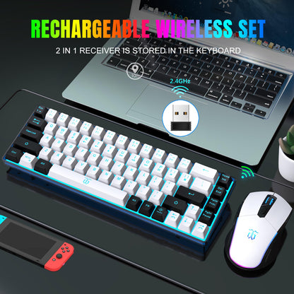 Snpurdiri Wireless Gaming Keyboard and Mouse Combo, Ice Blue Backlit, Rechargeable 2000mAh Battery, White-Black Color