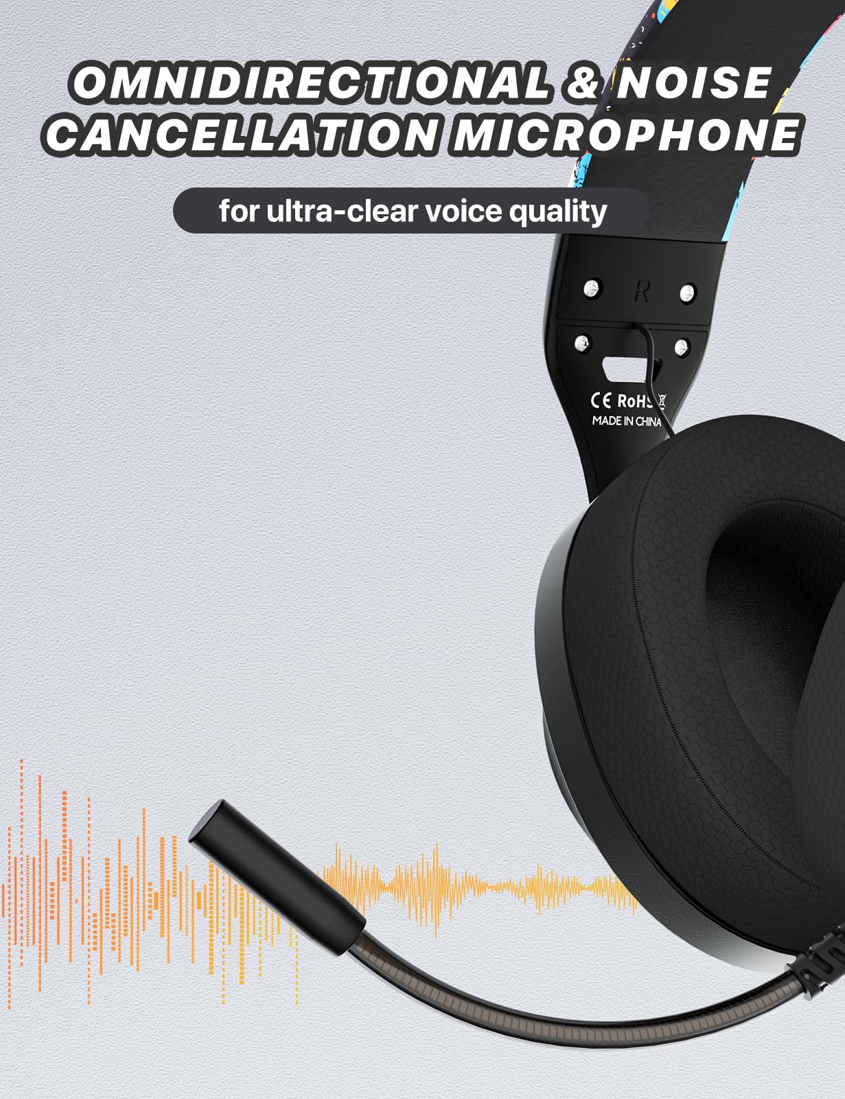 WIRWTRU S30 Gaming Headset - Lightweight Wired Headphones with Noise Cancelling Mic for Xbox, PS5, PC - Graffiti Design