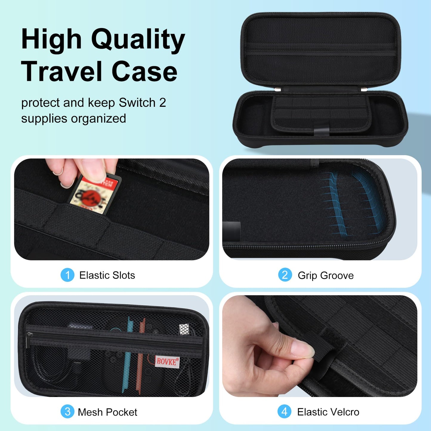 BOVKE Slim Carrying Case for Nintendo Switch 2 - Hard Travel Bag with Mesh Pocket, Black, Model V132M1