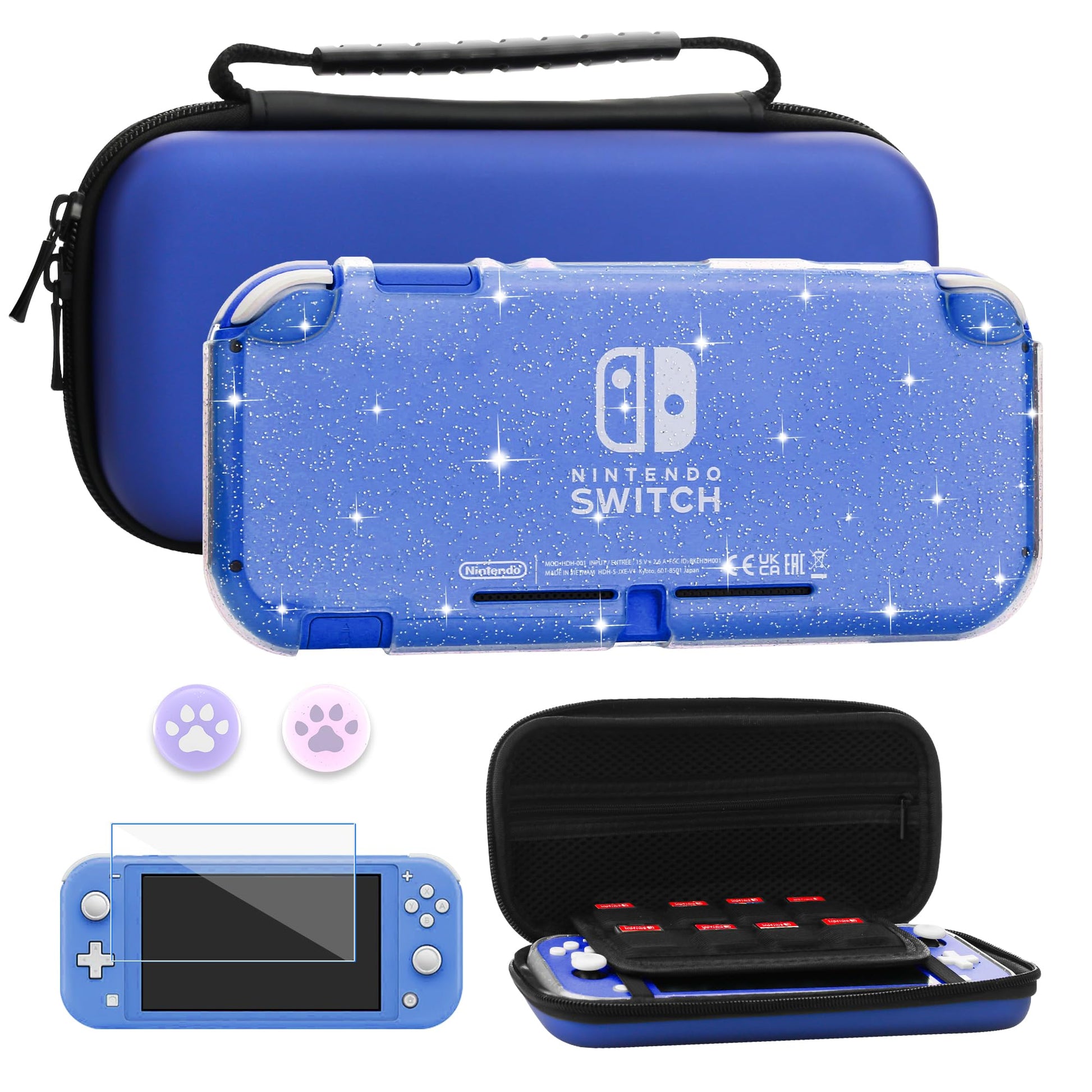FUNDIARY Black Travel Carrying Case for Nintendo Switch Lite  Shockproof Accessories Bundle with Slim Portable Storage Bag  Soft Silicone Clear Glitter Protective Case  Screen Protector & 2 Thumb Caps