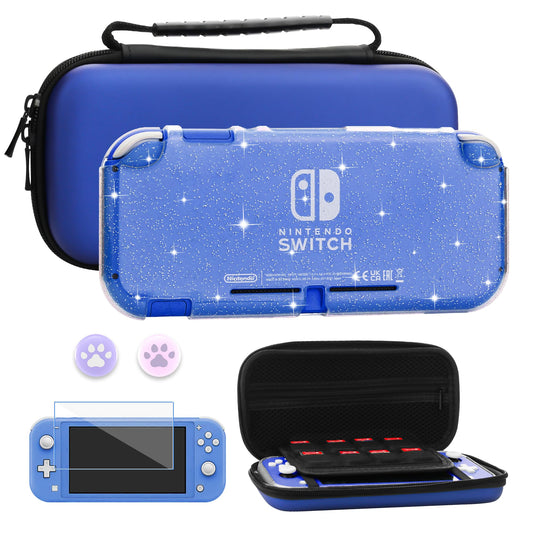 FUNDIARY Black Travel Carrying Case for Nintendo Switch Lite  Shockproof Accessories Bundle with Slim Portable Storage Bag  Soft Silicone Clear Glitter Protective Case  Screen Protector & 2 Thumb Caps