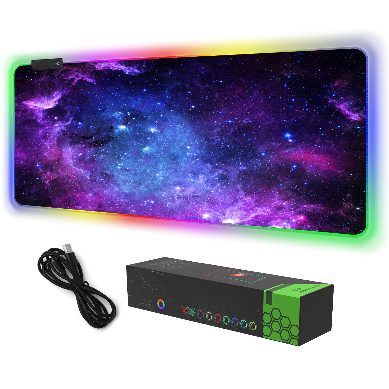 DINKY RGB Gaming Mouse Pad - Large 35.4x15.8 XL, Nebula Universe, 14 Lighting Modes, Water Resistant Keyboard Mat