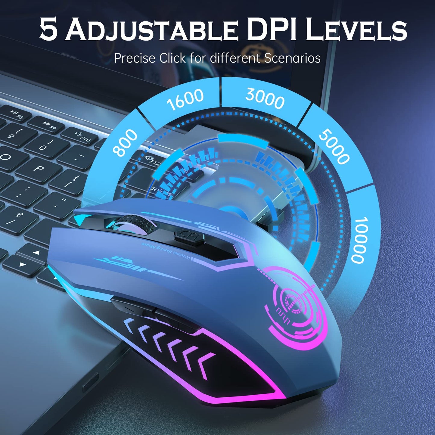 UHURU Wireless Gaming Mouse - 7 Buttons, 7 LED Colors, 12000 DPI, Rechargeable, Blue