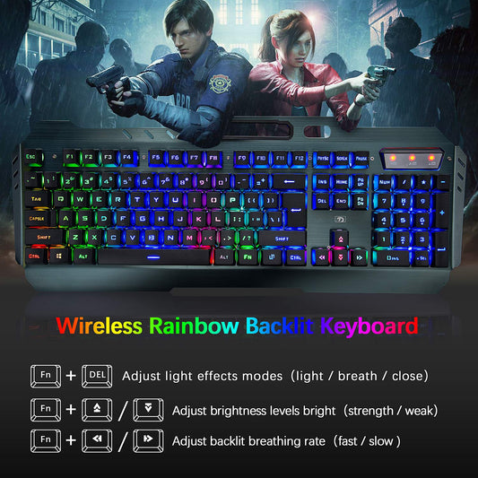LexonElec Wireless Gaming Keyboard & Mouse Combo, Rechargeable, Rainbow Backlit, Metal Panel, Black Mix LED