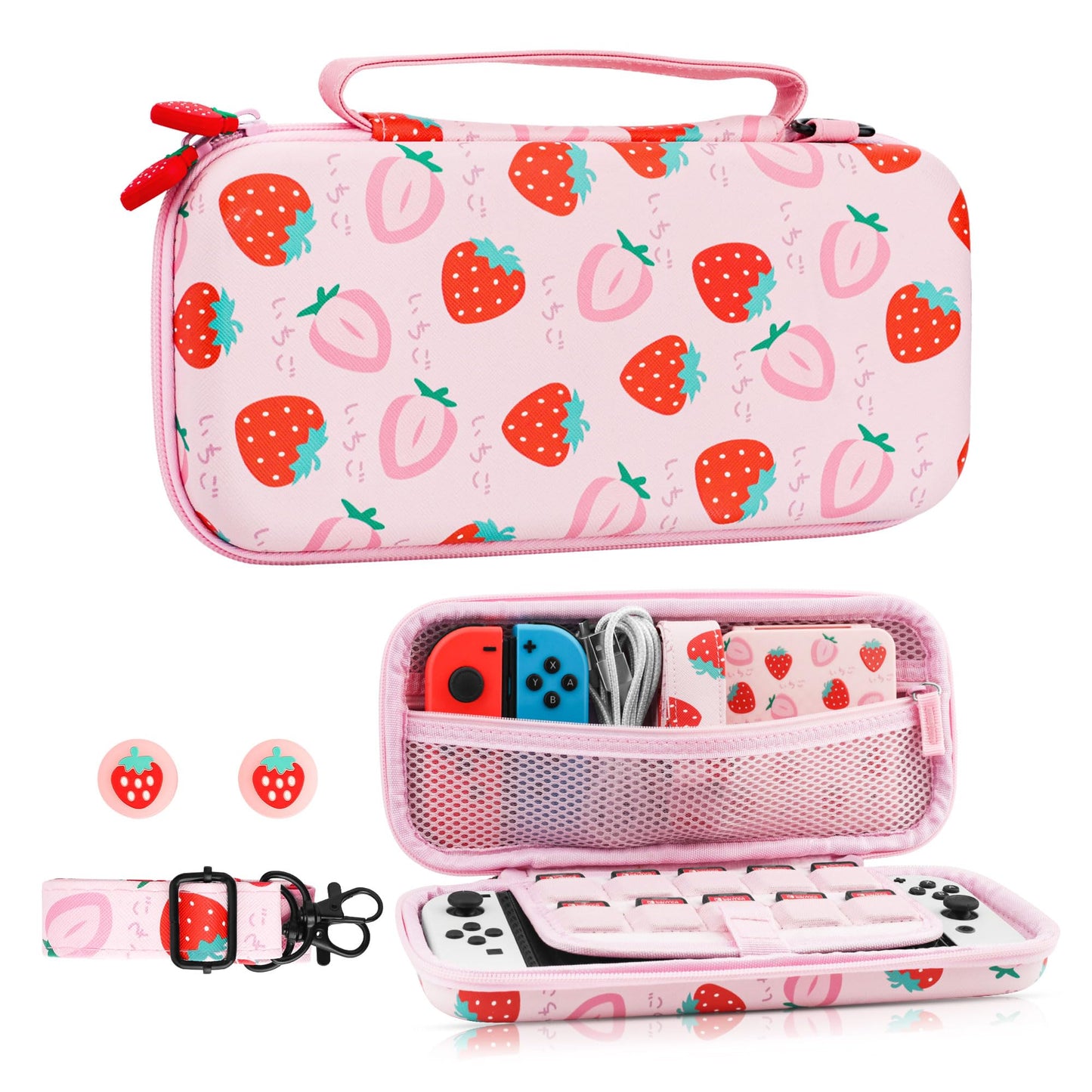 HYPERCASE Pink Strawberry Carrying Case Compatible with Nintendo Switch/OLED  Portable Tpartyl Accessories Bundle for Switch Console with 10 Game Card sections  Shoulder Strap and 2 Cute Thumb Caps