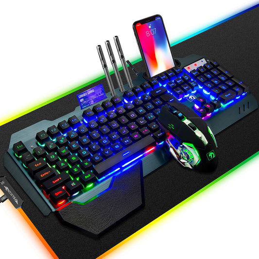 FELiCON Wired Game Keyboard and Mouse Combo  RGB LED Backlit Mechanical Feel Keyboard with Hand Rest Phone Holder and 6 Button 3200 DPI Mice and Large RGB Mouse Pad for Computer Gamer Office