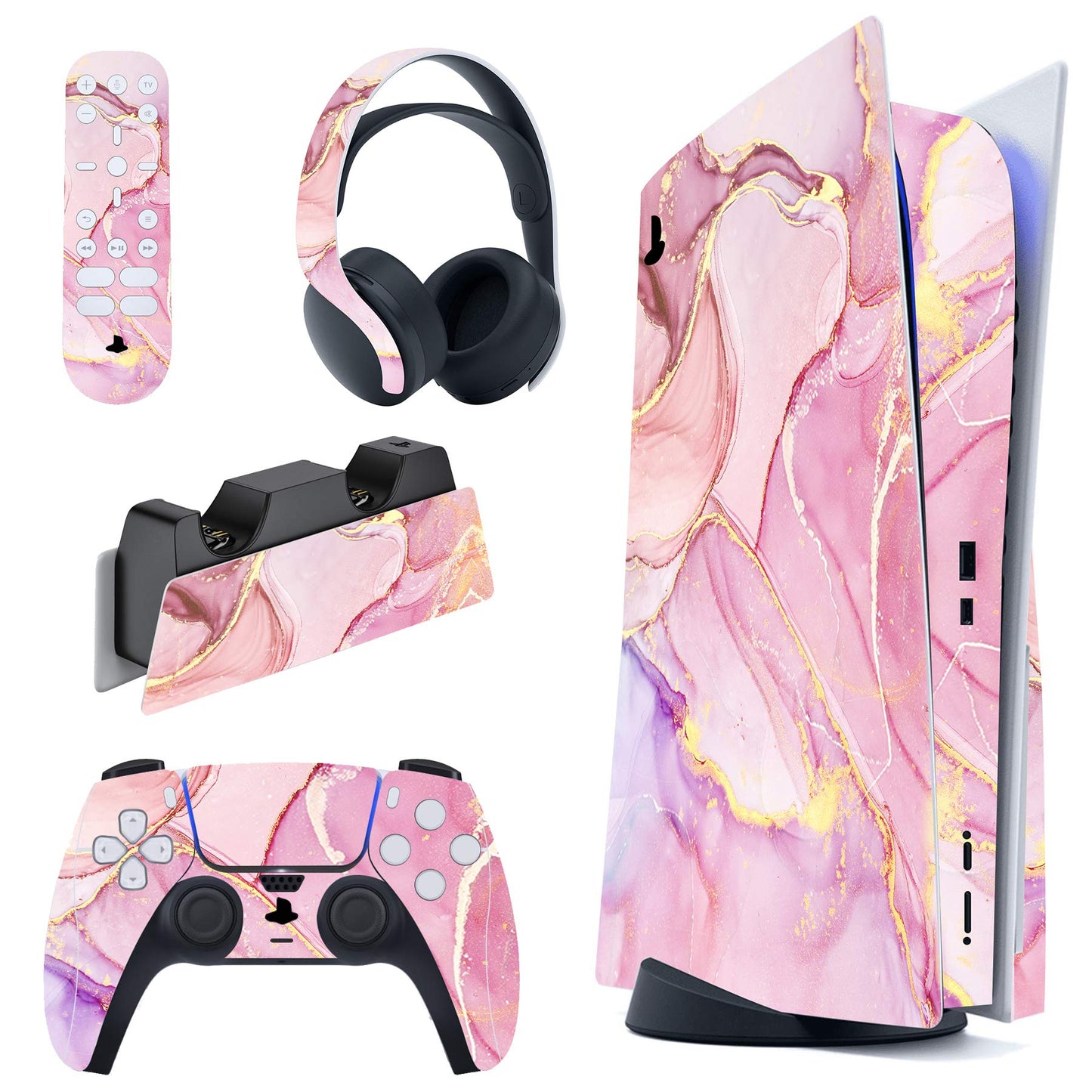 PlayVital Cosmic Pink Gold Marble Effect Full Set Skin Decal for ps5 Console Disc Edition  Sticker Cover for ps5 Controller & Charging Station & Headset & Media Remote
