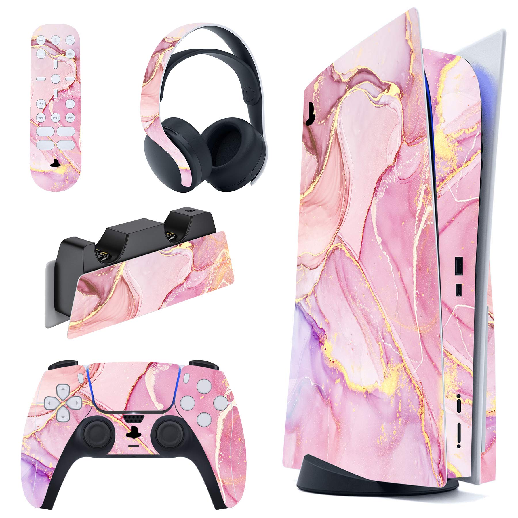 PlayVital Cosmic Pink Gold Marble Effect Full Set Skin Decal for ps5 Console Disc Edition  Sticker Cover for ps5 Controller & Charging Station & Headset & Media Remote