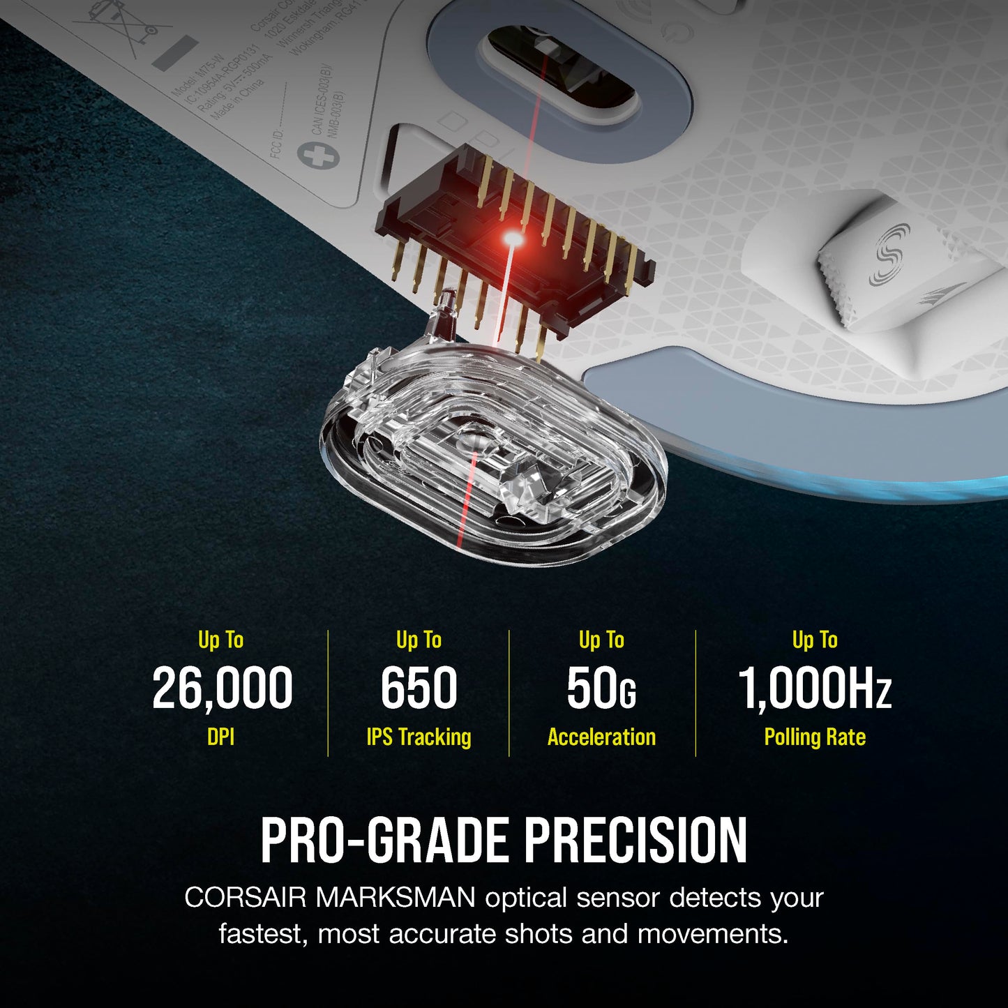 Corsair M75 Wireless RGB Gaming Mouse - 26,000 DPI, Swappable Side Buttons, Lightweight, White, iCUE Compatible, Model CH-931D011-NA