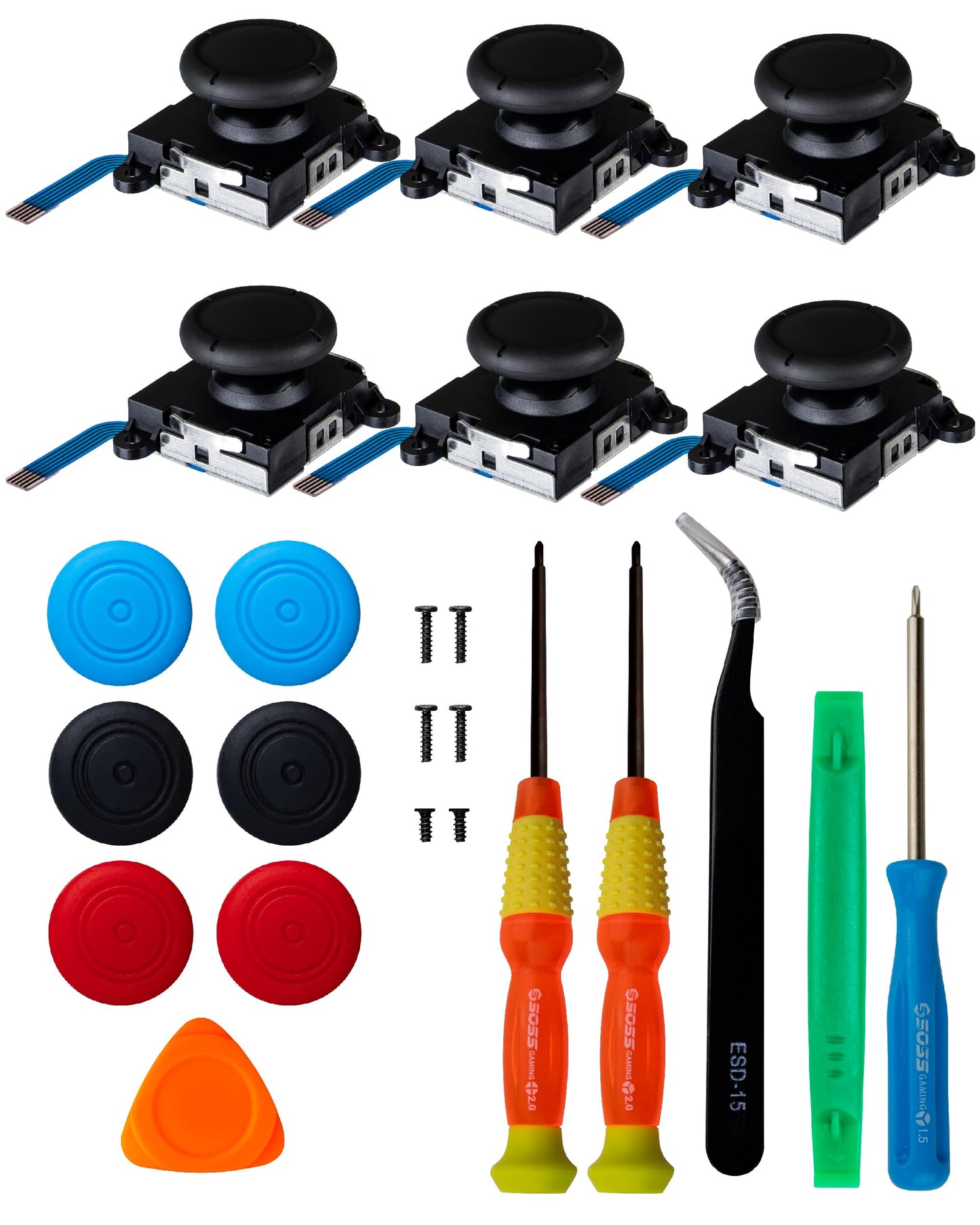 SOSS GAMING 2024 6-Pack Joystick Thumbstick Replacement Kit for all Nintendo Switch and Switch Lite Controllers - Fix & Repair Your Analog Joy-Con Thumb Stick with all Necessary Tools Included (6)