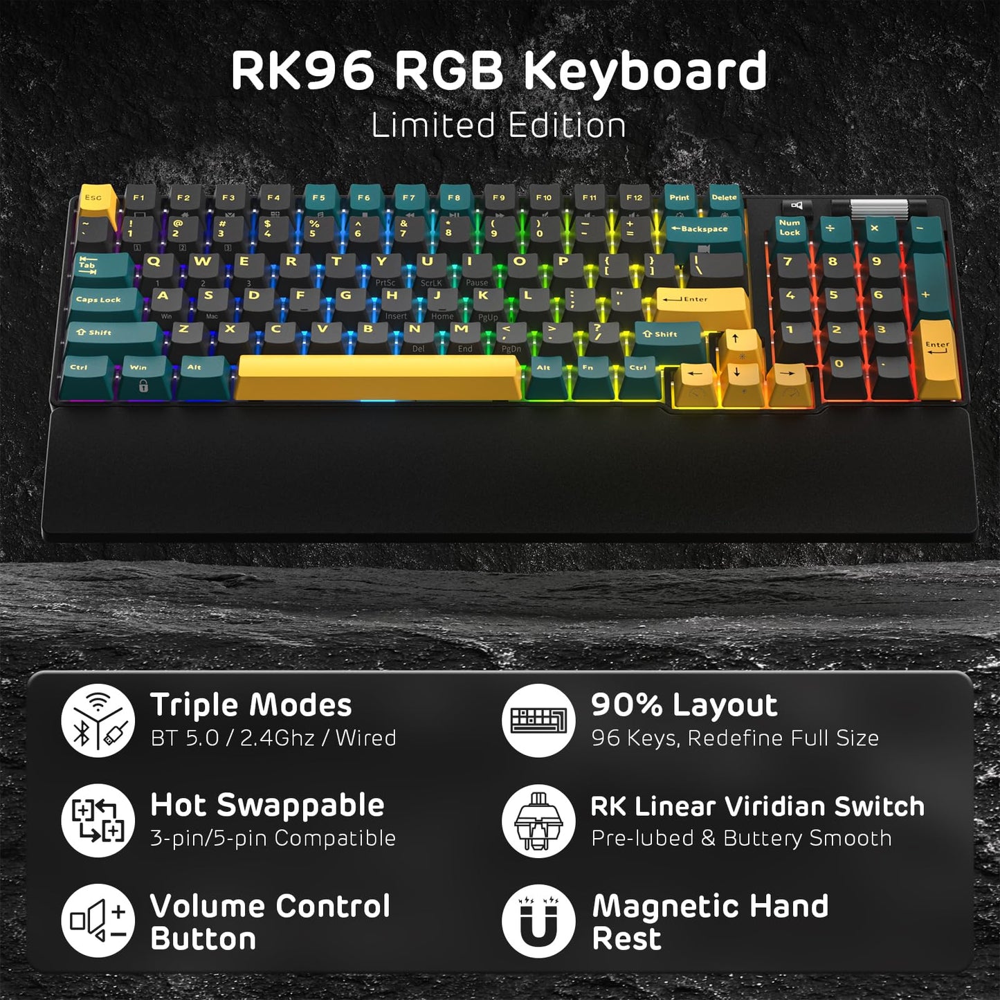 RK ROYAL KLUDGE RK96 90% Wireless Mechanical Keyboard - Hot Swappable, RGB, Volume Control, Linear Viridian Switch, Marrs Green