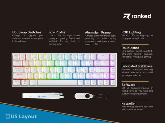 Ranked Guardian 65% Mechanical Gaming Keyboard - Ultra Slim, Hot Swappable, Gateron Low Profile Red, White, RGB LED Backlit, 68 Keys
