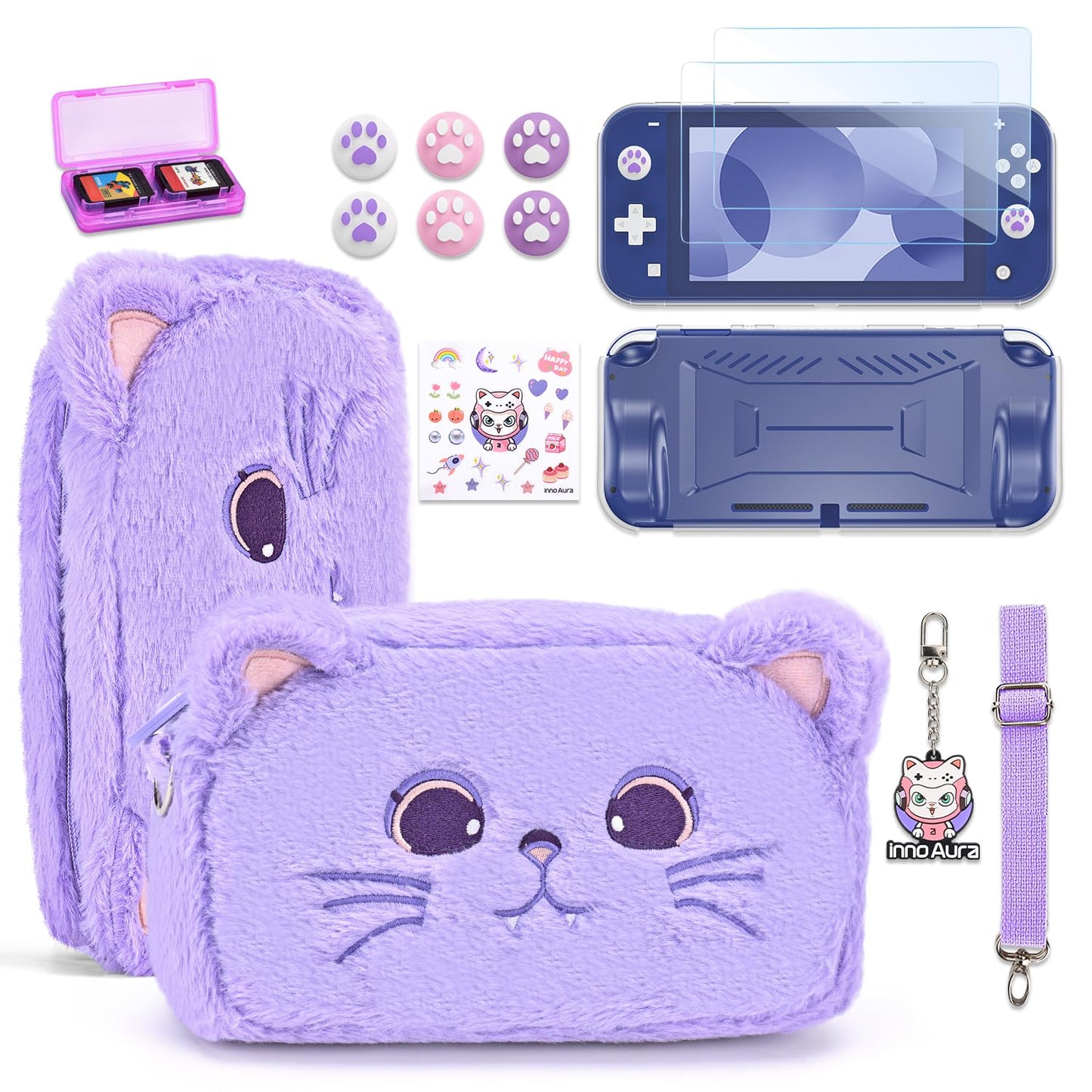 innoAura Switch Lite Case 14-in-1 Accessories Bundle for NS Switch Lite (2019)  with Protective Carrying Case  Game Holder  Screen Protector & Cute Thumb Grips  Purple Cat Plush Bag