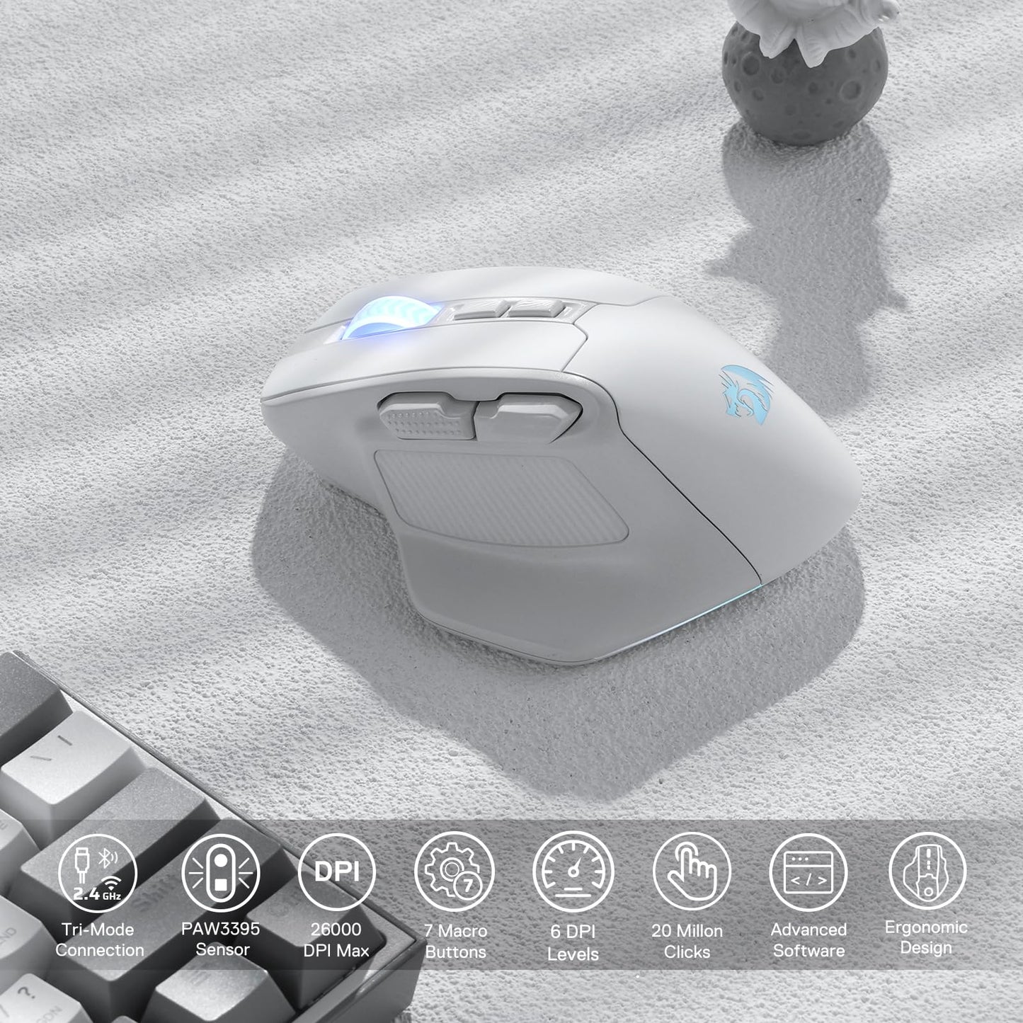 Redragon M806 Wireless Gaming Mouse - RGB, 7 Programmable Buttons, Ergonomic Design, 3-Mode Connection, White