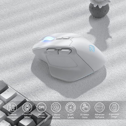 Redragon M806 Wireless Gaming Mouse - RGB, 7 Programmable Buttons, Ergonomic Design, 3-Mode Connection, White