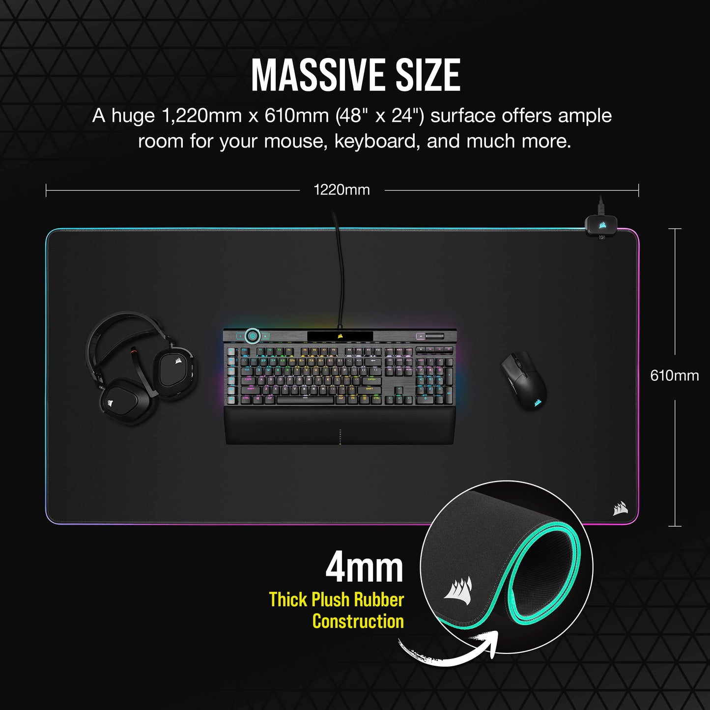 Corsair MM700 RGB Extended 3XL Gaming Mouse Pad - 1,220mm x 610mm, Black, Three-Zone RGB Lighting, Model CH-9417080-WW