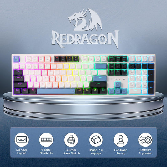 Redragon K668 Wired Mechanical Gaming Keyboard, 108 Keys, RGB, Hot-swappable, Glacier Azure