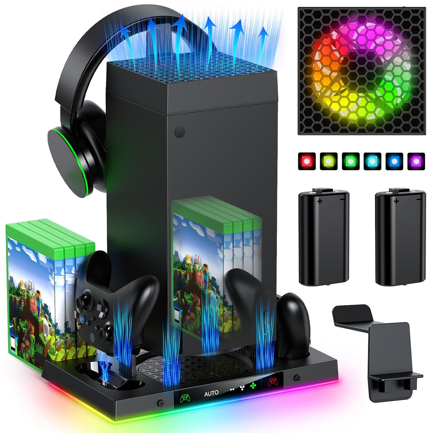 Auto Cooling Fan and Charge Stand Accessories for Xbox Series X Console with 15 Light Modes  Wireless Dual Charger Dock for XSX Controller  2* Rechargeable Batteries  Headset Stand & Game Disc Storage (Black)