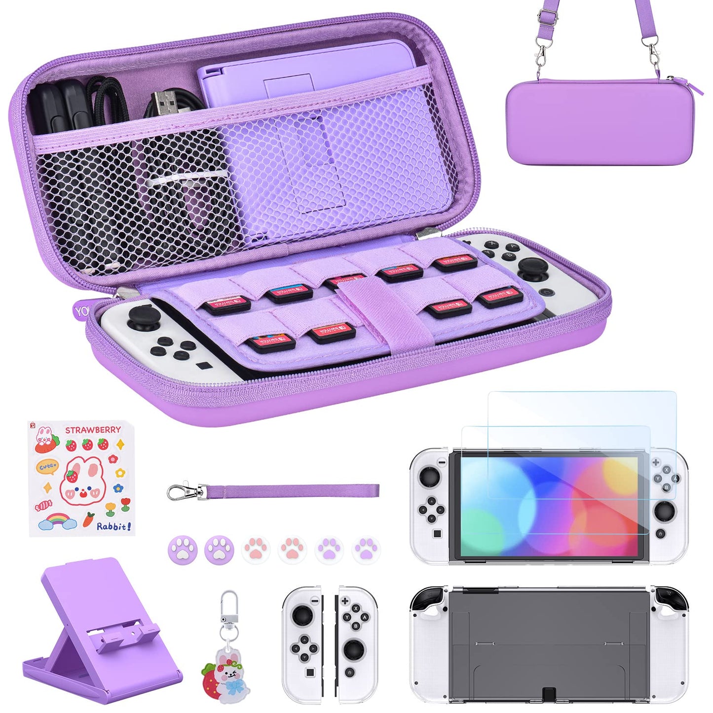 Younik Switch OLED Accessories Bundle  17 in 1 Purple Switch Oled Accessories Kit for Girls Include Switch Carrying Case  Adjustable Stand  Protective Case for Switch Console & J-Con