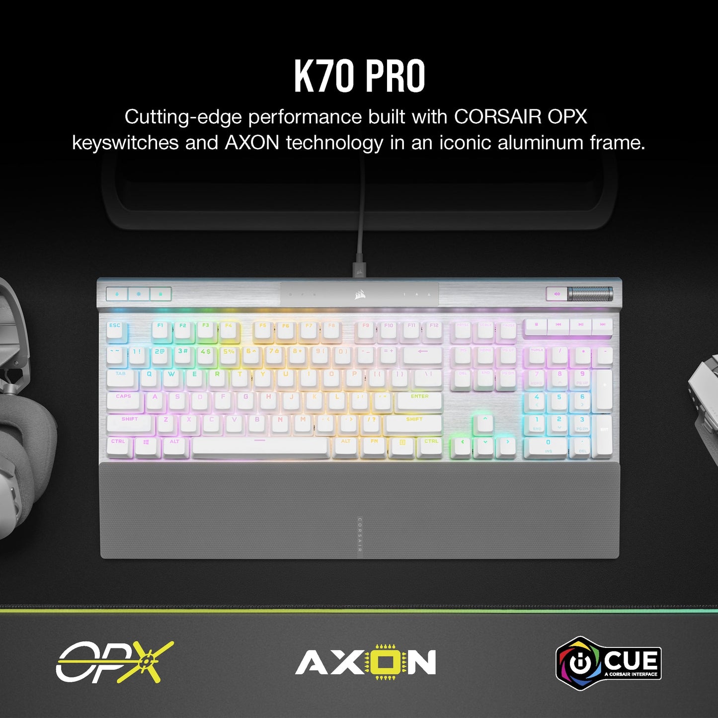 Corsair K70 PRO RGB Optical-Mechanical Gaming Keyboard - OPX Linear Switches, PBT Keycaps, White, CH-910951A-NA